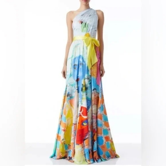 Designer One-Shoulder Maxi Dress – Abstract Print w/ Yellow Sash Alice + Olivia - Picture 2 of 5